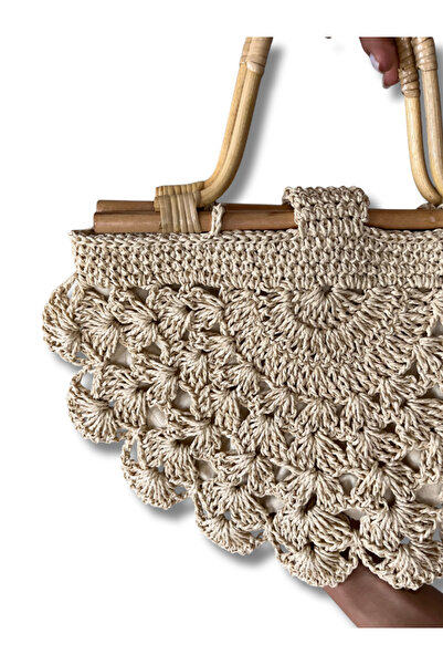 Manella Collective El Yapımı İstiridye Model Hasır Görünümlü Bambu Saplı Örgü Çanta