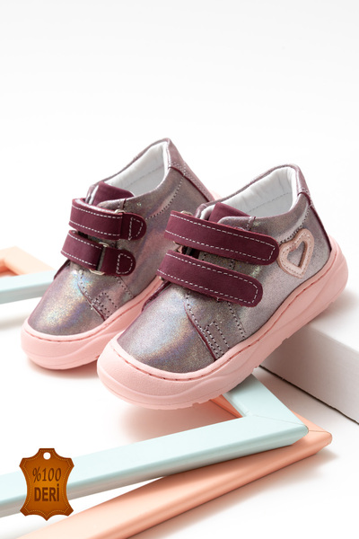 lina step Mor Simli Hakiki Deri Ortopedik Tabana Dikişli Cırtlı Kız Bebek İlk Adım Ayakkabı