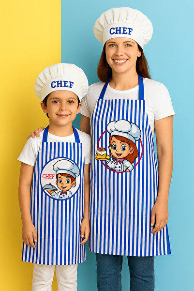 AYSHOME Ays Home Blue Striped Hat Mother and Child Activity Apron Set (2 Hats, 2 Aprons)