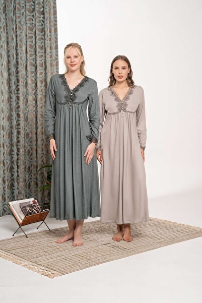 Lohussa Cămașă de noapte Melisa, de iarnă, cu mâneci lungi, lungime întreagă, cu detalii din dantelă bej pentru femei