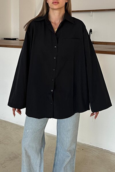 Olcay Spanish Sleeve Loose Cotton Shirt Black 9365