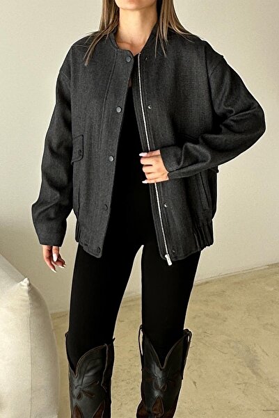 Olcay Snap Detailed Herringbone Bomber Jacket Anthracite 8275