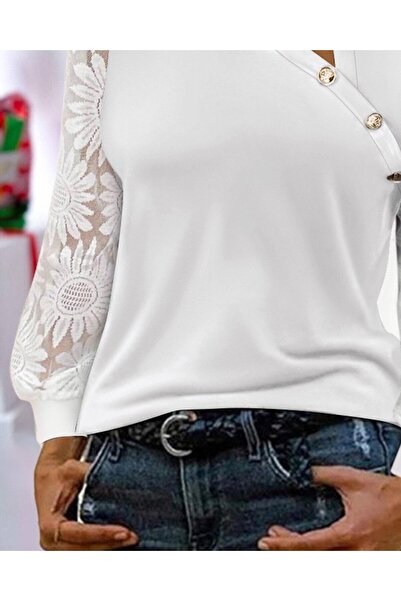 JANES Bluză de damă cu mânecă lungă, cu guler asimetric, cu nasturi, din viscoză, cu două fire