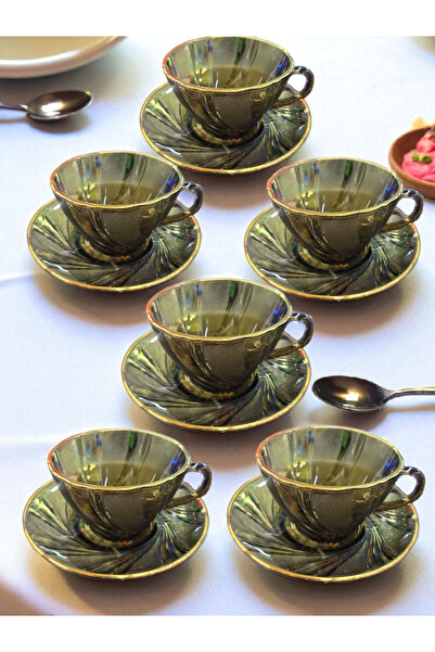 AYZ HOME Gold Edged Khaki Glass 6-Piece Tea Cup Set – Double Coffee Cup Set / Large Size