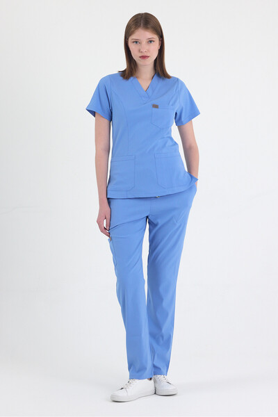 MAZEY UNİFORM زي طبي أزرق ثلجي من الليكرا والفسكون بياقة على شكل V، زي للممرض...