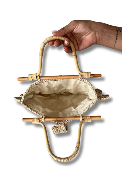 Manella Collective El Yapımı İstiridye Model Hasır Görünümlü Bambu Saplı Örgü Çanta