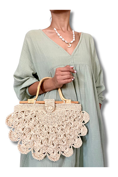 Manella Collective El Yapımı İstiridye Model Hasır Görünümlü Bambu Saplı Örgü Çanta