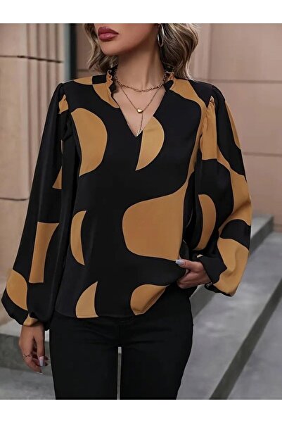 buğrahayalin Women's Long Sleeve V-Neck Patterned Modal Blouse