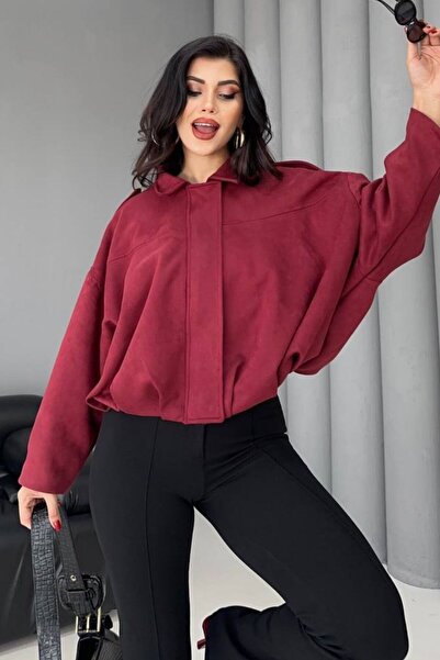 spirituel معطف نسائي قصير كبير الحجم من جلد الغزال بسحاب وياقة قميص وكتف منخفض