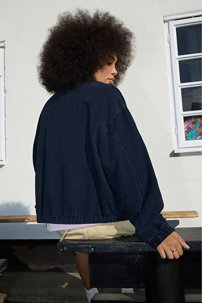 september island Carolyn Navy Blue Corded Fabric Velvet Oversized Unlined Spring Coat