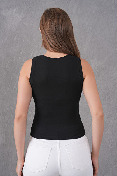 vuvutasarım Ribbed Look Thick Strap Short Basic Black Tank Top Blouse 001