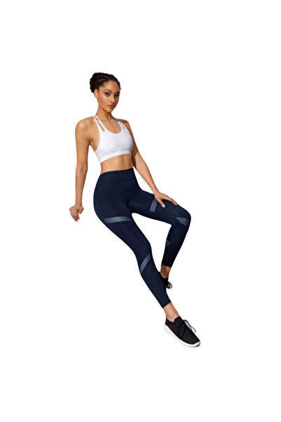 Fstyle Dark Blue Wide Waist Sports Leggings Butt Lift Design Gym Tights