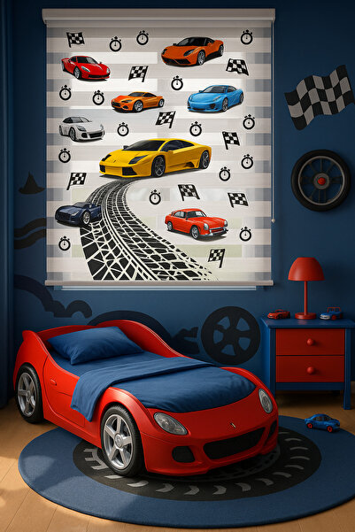 Pembepanjurevtekstıl (ENXBOY)YARIŞ ARABASI DİJİTAL BASKILI ZEBRA PERDE-ÇOCUK ...