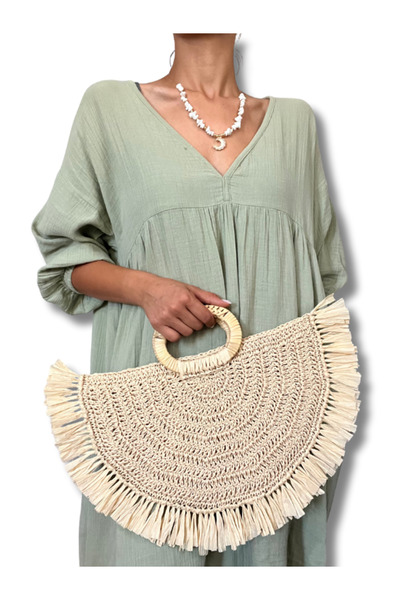 Manella Collective El Yapımı Hasır Görünümlü Yelpaze Model Rafya Püsküllü Örg...