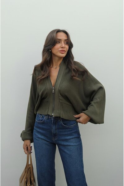 Havoş Khaki kardigan s netopýřími rukávy a předním zipem