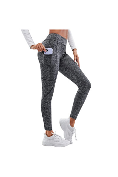 Fstyle Grey leggings with side pocket, long, tight gym clothes