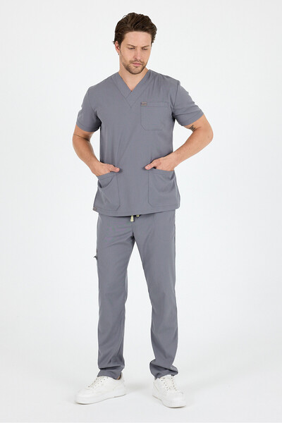 MAZEY UNİFORM Açık Gri Viscon Likralı V Yaka Takma kol, Hemşire ve Doktor Scr...