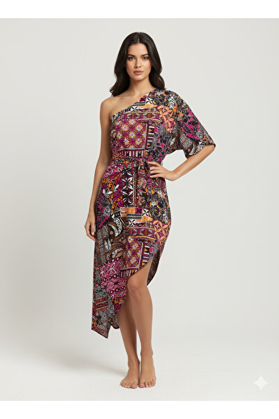 imoop design Women's Patterned One-Shoulder Slit Detailed Woven Chiffon Pareo