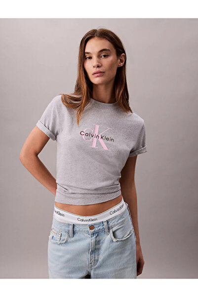 Calvin Klein Women's Regular Fit Round Neck 100% Cotton Ck Logo Printed Short Sleeve Gray T-Shirt Lv047B865G-P79