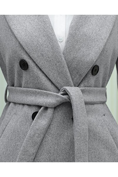 Modamorfo Single Button Pocketed Belted Lined Cashmere Coat - Gray