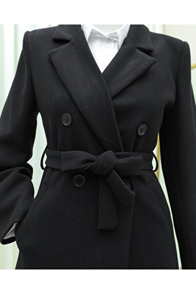 Modamorfo Single Button Pocketed Belted Lined Cashmere Coat - Black