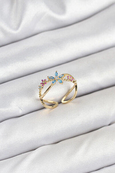 Belle Fusion خاتم نسائي من الزركون باللون الذهبي والنحاسي من BFS مع زهرة زرقاء