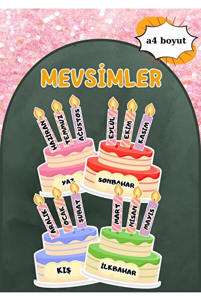 VeroCrafts Mevsimler ve Aylar Laminasyonlu Eğitim Materyali (DOĞUM GÜNÜ PASTASI ŞEKLİNDE) - Sınıf Materyali