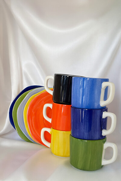 Hausette طقم 6 قطع من أكواب القهوة التركية السيراميكية بألوان زاهية، فناجين ق...