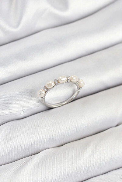 Belle Fusion خاتم نسائي من النحاس الفضي اللون من BFS مرصع باللؤلؤ