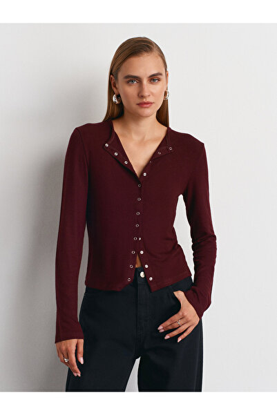 Dilvin 32055 Long Sleeve Cardigan-Burgundy