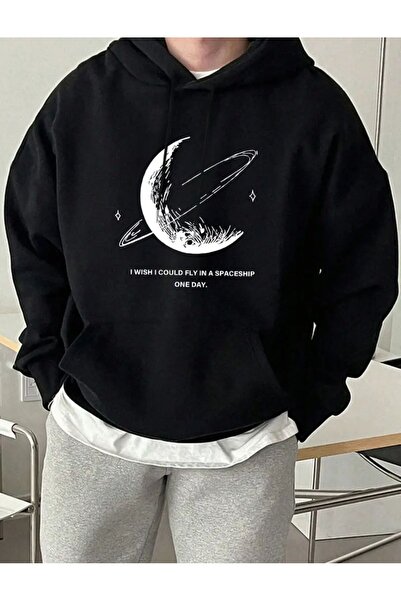 herkesemoda سترة بغطاء للرأس مزينة بطباعة القمر مع بطانة من الصوف من الداخل