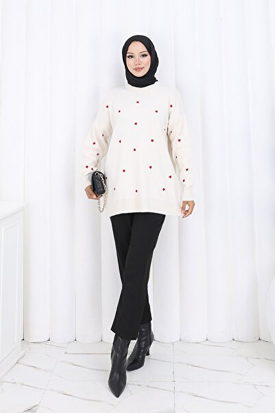 benguen Πλεκτό πουλόβερ με κέντημα καρδιάς N3253 Χρώμα πέτρας