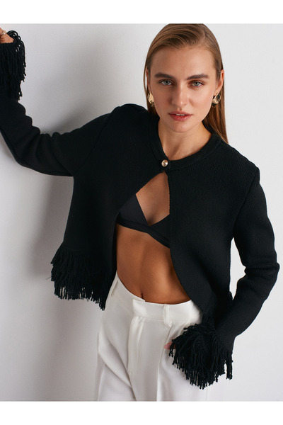 Dilvin 60993 Tasseled Buttoned Knitwear Cardigan-Black