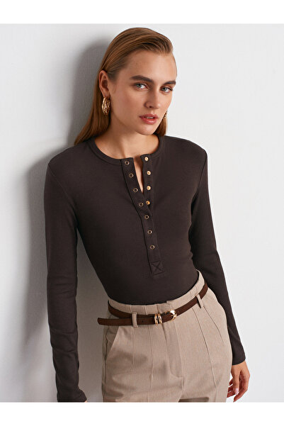 Dilvin 32024 Μικτό ύφασμα με κουμπώματα-Σκούρο καφέ