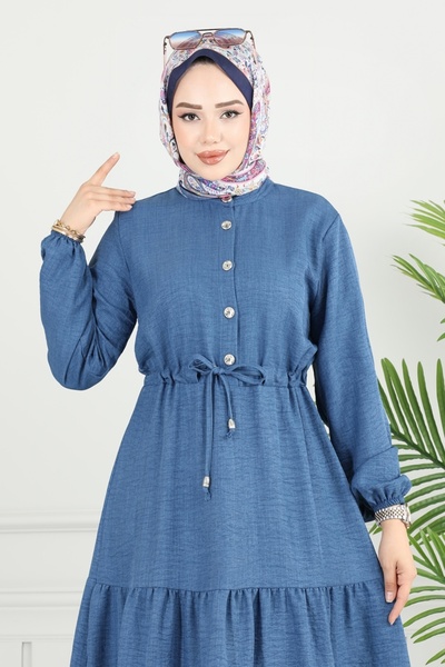 ModaMerve Yarım Düğmeli Elbise 024MR1078-MS İndigo