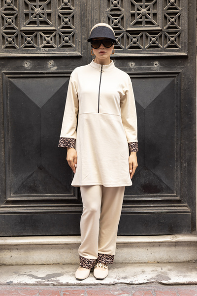 dilber fashion Διπλό Σετ Φούτερ από Βαμβακερή Λύκρα με Λεοπάρ Λεπτομέρεια και Δώρο Τσάντα