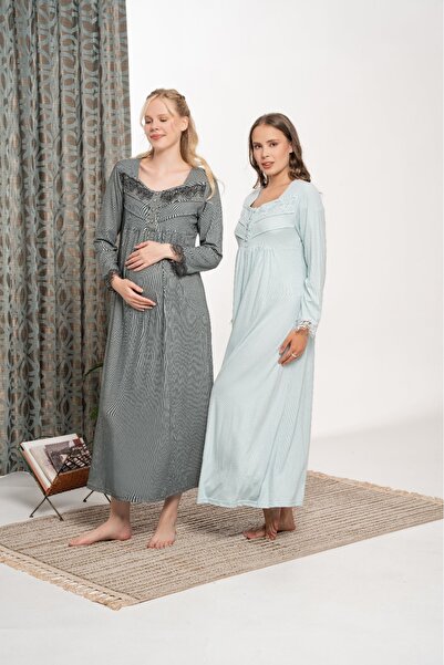Lohusa Homewear Women's Mint Ribbed Thick Winter Plus Size (Oversized) Long Sleeve Full Length Nightgown