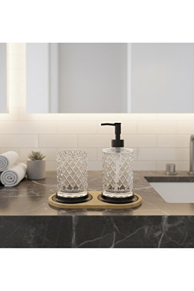Kozak 2'li KRİSTAL SABUNLUK SET BAMBU ALTLIKLI ( DİŞ FIRÇALIK + SIVI SABUNLUK )