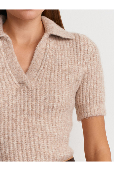 Dilvin 10814 Polo Neck Soft Textured Knit Sweater-Beige Melange