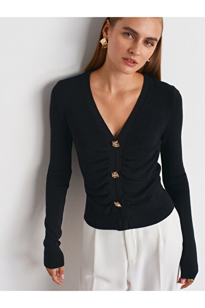 Dilvin 10805 V Yaka Düğmeli Triko Kazak-Siyah