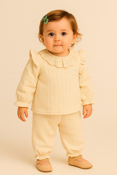 PİETRA BABY KİDS 100% Cotton Muslin Fabric with Bow Detail and Ruffle Detail, Baby and Child Girls' Double Set