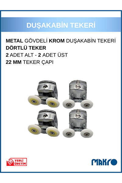 GLASSMAKRO Duşakabin Tekerleği 4'lü Cam Kabin Tekeri Rulmanlı Krom Metal Gövd...