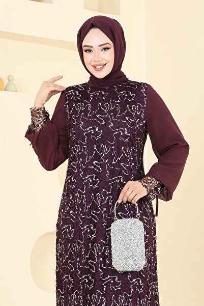 ModaMerve Broşlu Tesettür Abiye Elbise 2517ELC1143-MS Mürdüm
