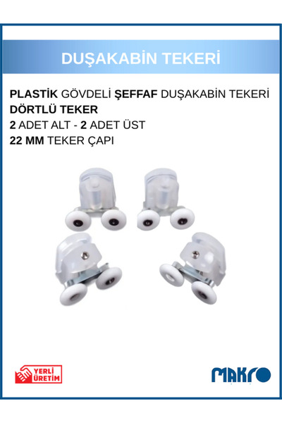 GLASSMAKRO Duşakabin Tekerleği 4'lü Cam Kabin Tekeri Rulman Şeffaf Plastik Gövdeli Bilyalı Çift Tekerlekli