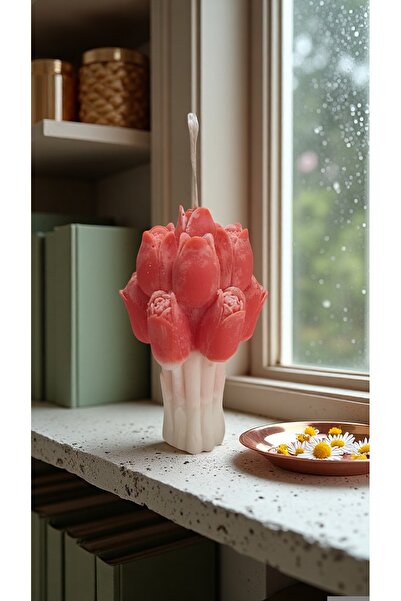 beyra decor Turuncu Lale Buketi Dekoratif Mum – El Yapımı