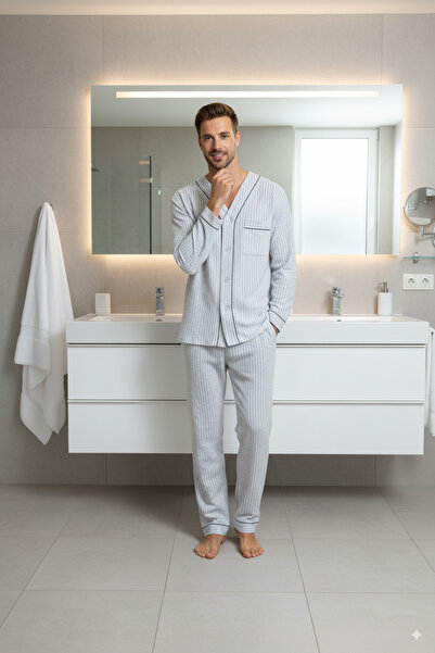 Oppland Erkek Pijama Takımı %100 İpek Kumaş Klasik Model Cepli Rahat Tam Kalıp