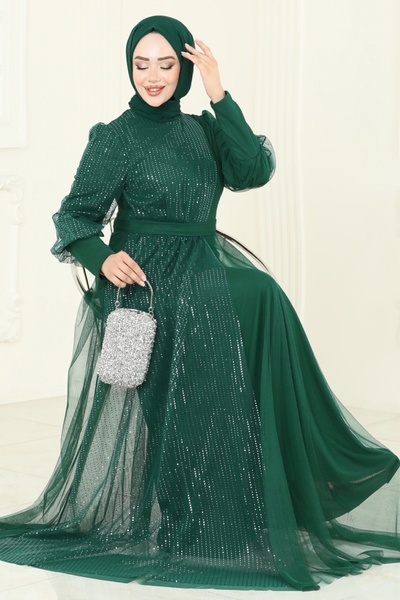 ModaMerve Rochie de seara din tul argintiu 2457ELC1143-MS Smarald