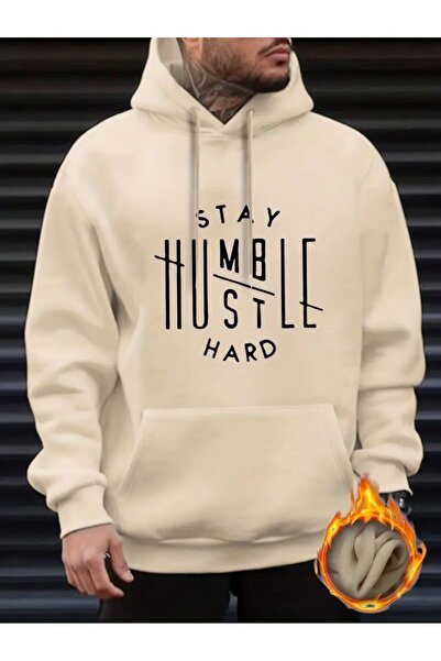 herkesemoda Φούτερ με κουκούλα Stay Hard με λεπτομέρεια εκτύπωσης και φλις εσωτερικά