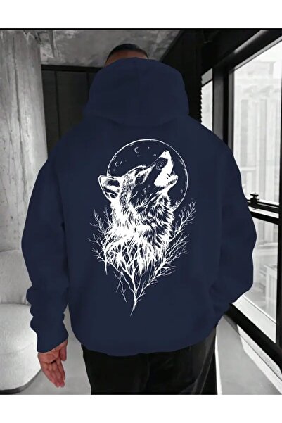 herkesemoda Суитшърт с качулка, подплатен с флис, с детайли от вълк на гърба