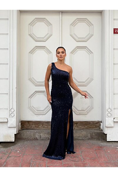 SELİN MODA EVİ Trend Kadife Yırtmaçlı Elbise LACİVERT 583150